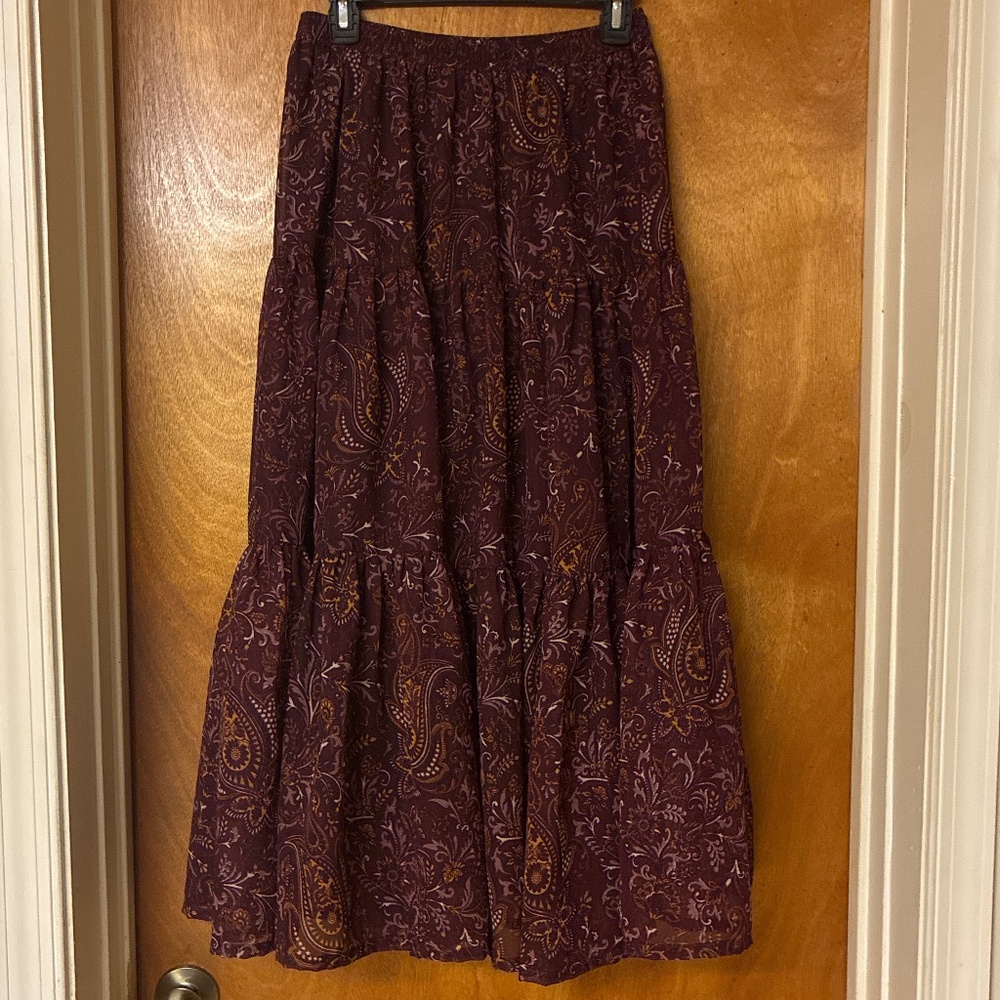 Moon Orchard Made in India Tiered Burgundy Maxi Skirt